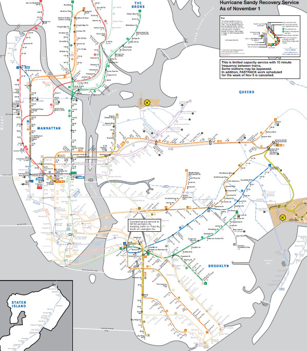 NYC Subway Map Brooklyn with Line Colurs and Hubs Points